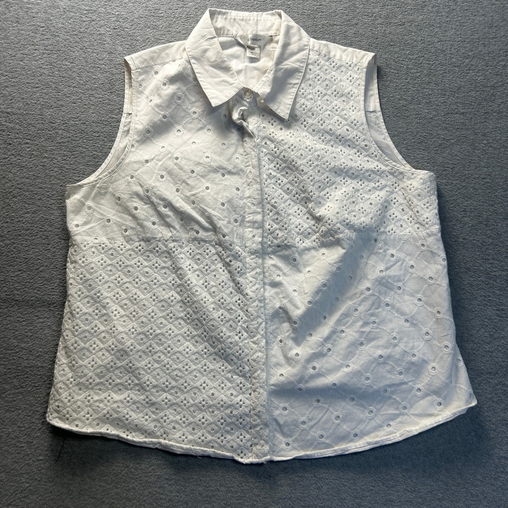 CJ Banks Sleeveless Button Front Blouse Womens 1X White‎ Eyelet Plus Size Shirt